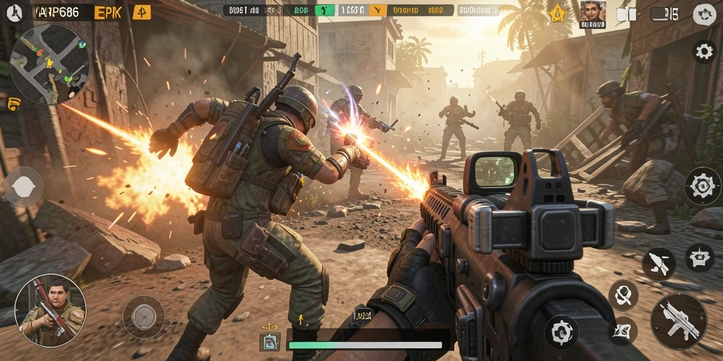 Tampilkan aksi intens dalam gameplay AP686 FPS.