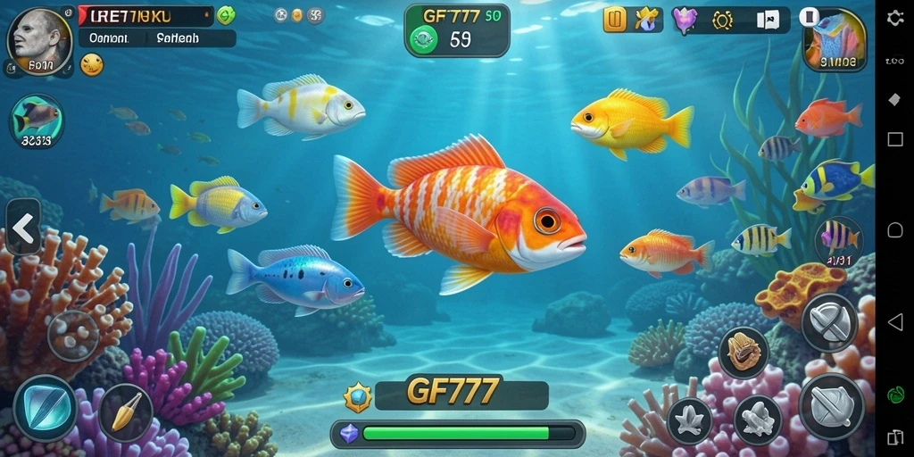 Tampilan gameplay seru di GF777 dengan ikan berwarna-warni.