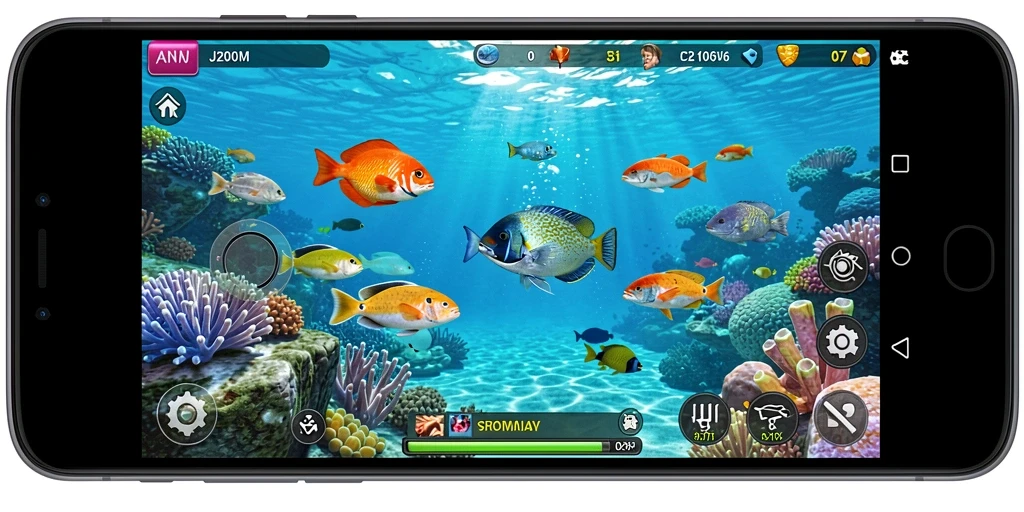 Gameplay seru J200M saat menembak ikan berwarna-warni.