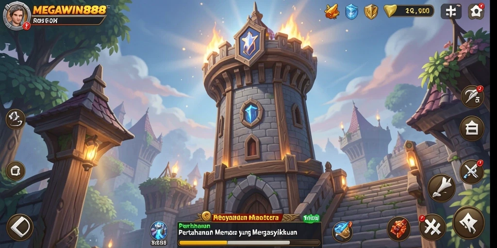 Screenshot gameplay MEGAWIN888 dengan menara dan karakter dinamis.
