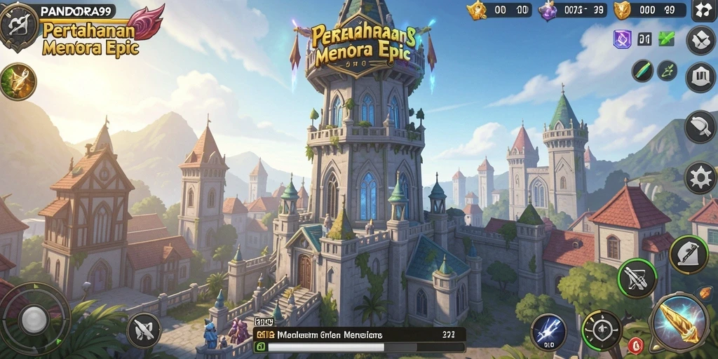 Screenshot PANDORA99 menampilkan aksi seru pertahanan menara.