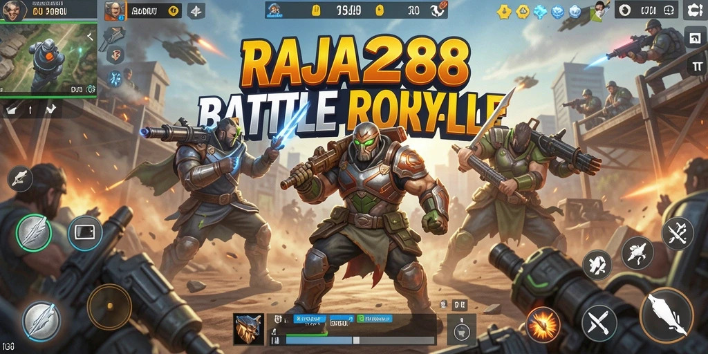 Screenshot utama RAJA288 menampilkan aksi pertempuran seru dalam mode Battle Royale.