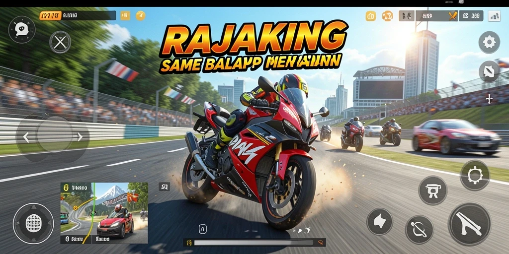 Screenshot gameplay RAJAKING yang menampilkan balapan motor seru.