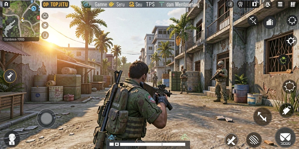 Tangkapan layar gameplay TOPJITU dengan aksi tembak-menembak yang intens.